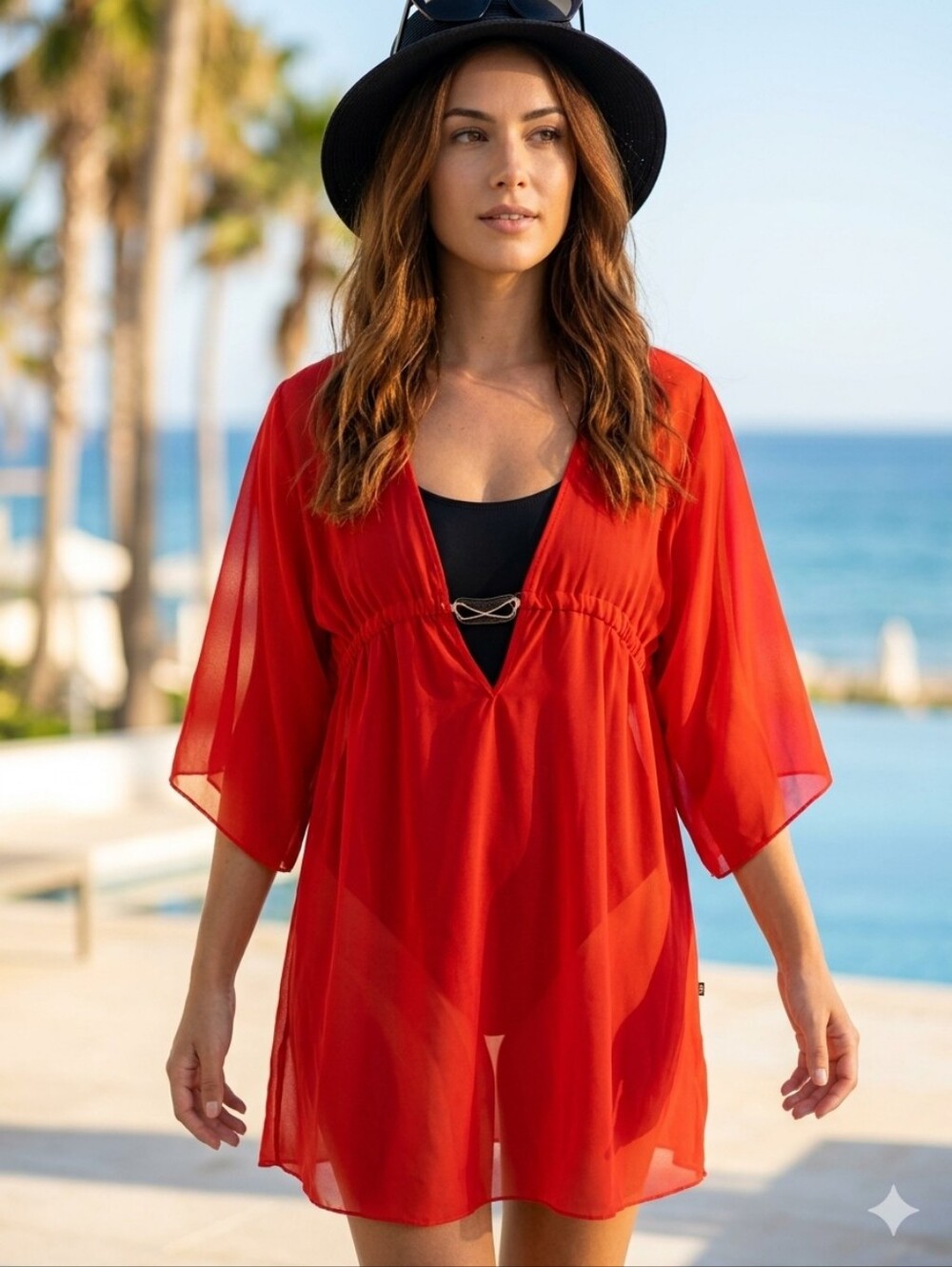 La Vie en Rose Aqua Res Sheer Mesh Kaftan V- Neck Cover Up Size Medium